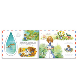 Illustrated book pages with a character and scenic illustrations on a white background
