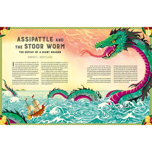 Illustration of a dragon and ship with text about Assipattle and the Stoor Worm.
