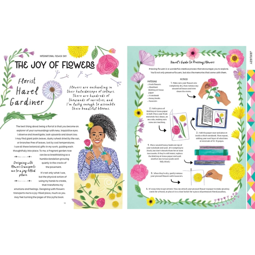 Floral-themed book or magazine page with illustrations and text on a white background