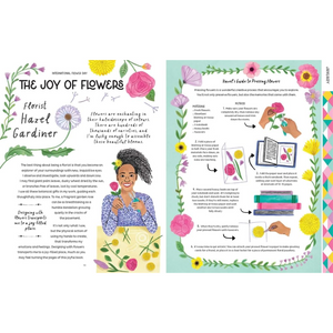 Floral-themed book or magazine page with illustrations and text on a white background