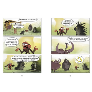 Comic strip with animal characters in a grassy field