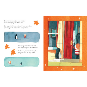 Illustrated book page with a puzzle piece and a scene of a boy and penguin at a door.