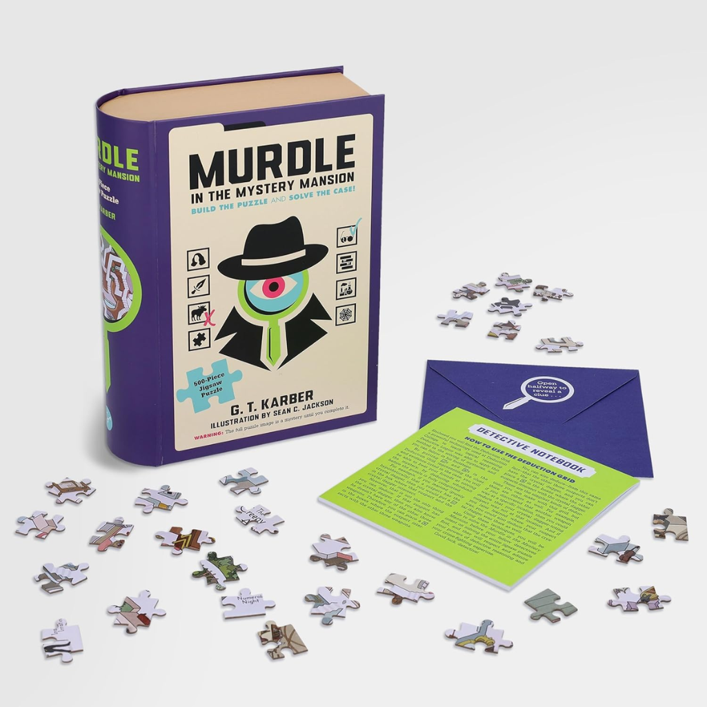 Murdle book with puzzle pieces and instructions on a white background