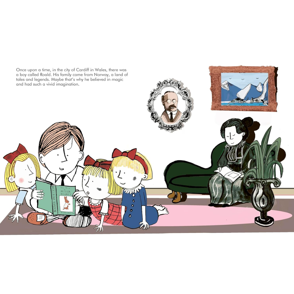 Illustration of a family reading together with a portrait and painting in the background.