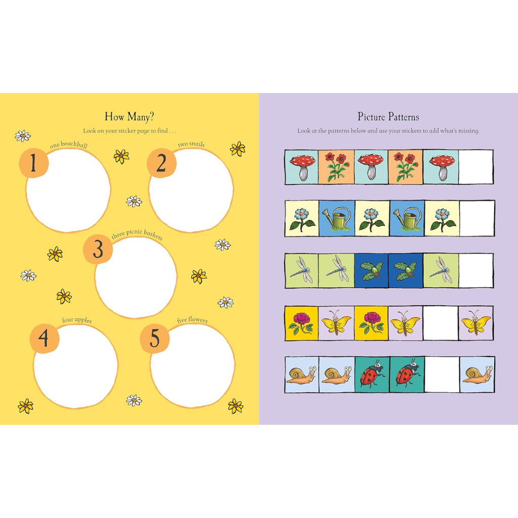 Educational book page with number recognition and picture pattern activities on a yellow and purple background.