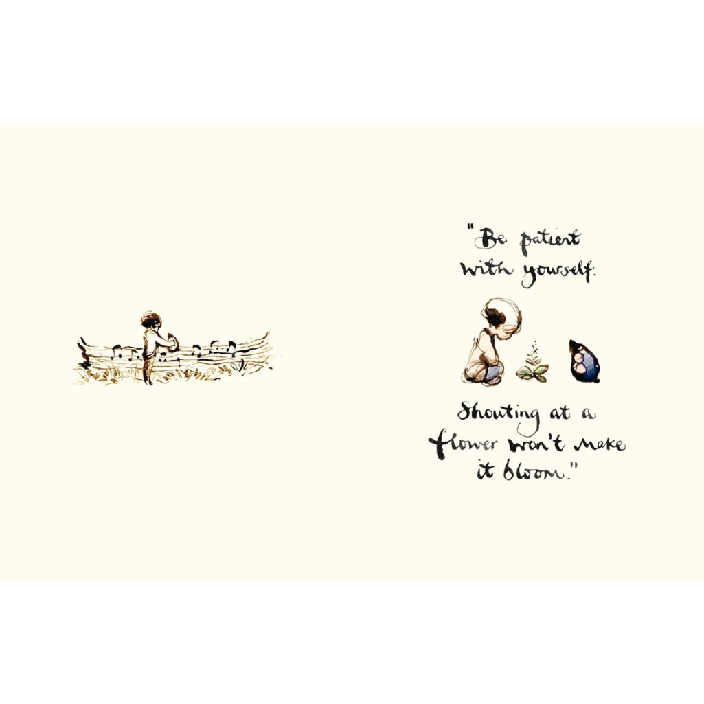 Illustration of a child in a boat with musical notes, a dog, and a butterfly, accompanied by a motivational quote on a light background.