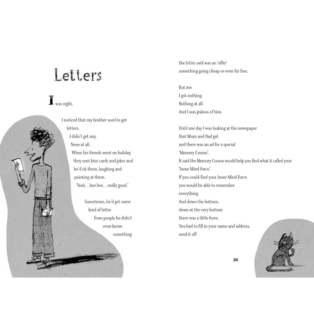 Illustrated book page with text and a character holding a phone.