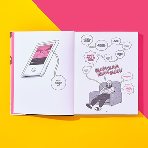Open book with illustrations of a person on a couch and a smartphone, on a yellow and pink background.
