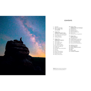 Silhouette of a person on a rock with a starry sky and Milky Way galaxy, next to a table of contents.