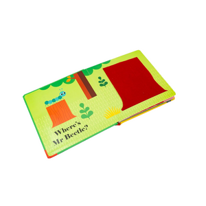 Children's book titled 'Where's Mr Beetle?' with colorful illustrations on a white background