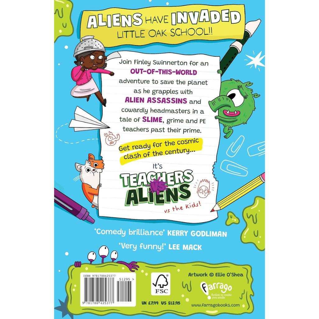 Book cover of 'Aliens Have Invaded Little Oak School' with colorful graphics and text.