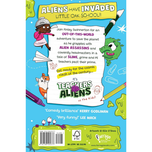 Book cover of 'Aliens Have Invaded Little Oak School' with colorful graphics and text.