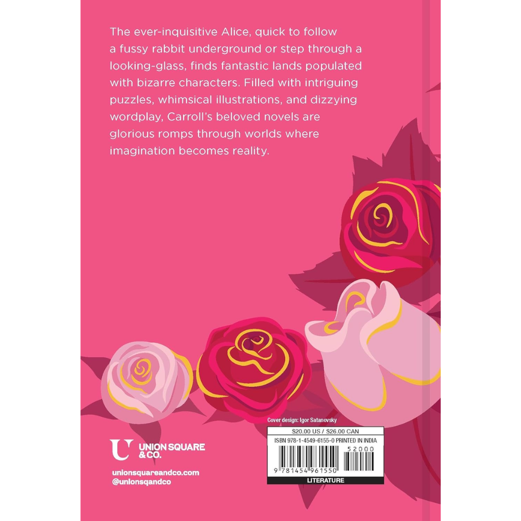 Book back cover with pink roses and text about Alice in Wonderland