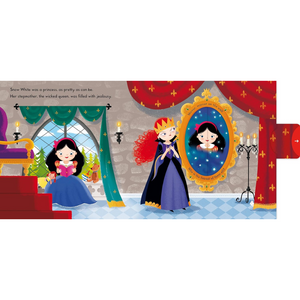 Illustration of Snow White in a castle setting with a mirror showing her reflection.