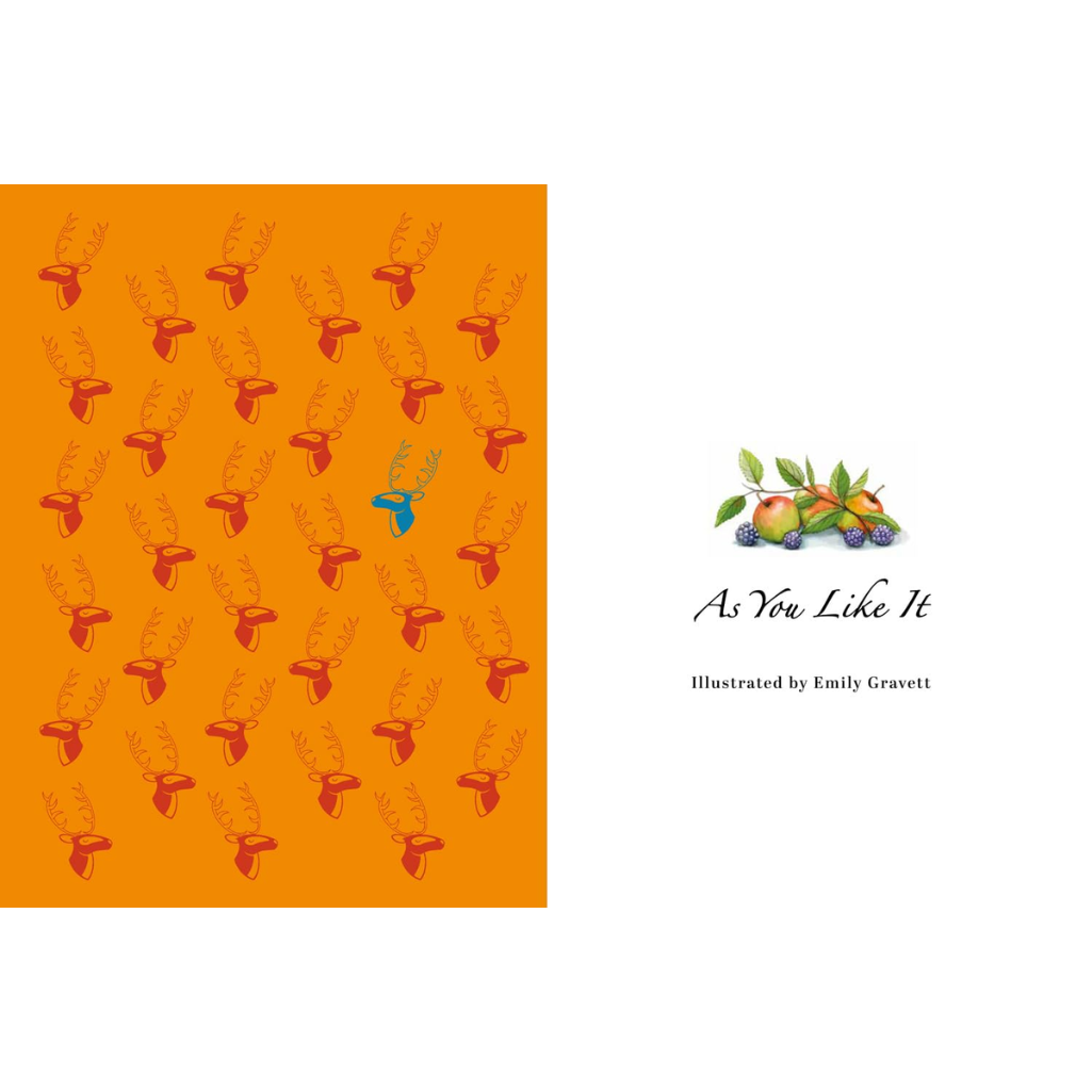 Book cover of 'As You Like It' with an orange background and pattern, featuring illustrations by Emily Gravett.