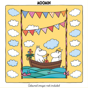 Two cartoon characters in a boat with colorful flags and clouds on a yellow background, featuring the Moomin brand.