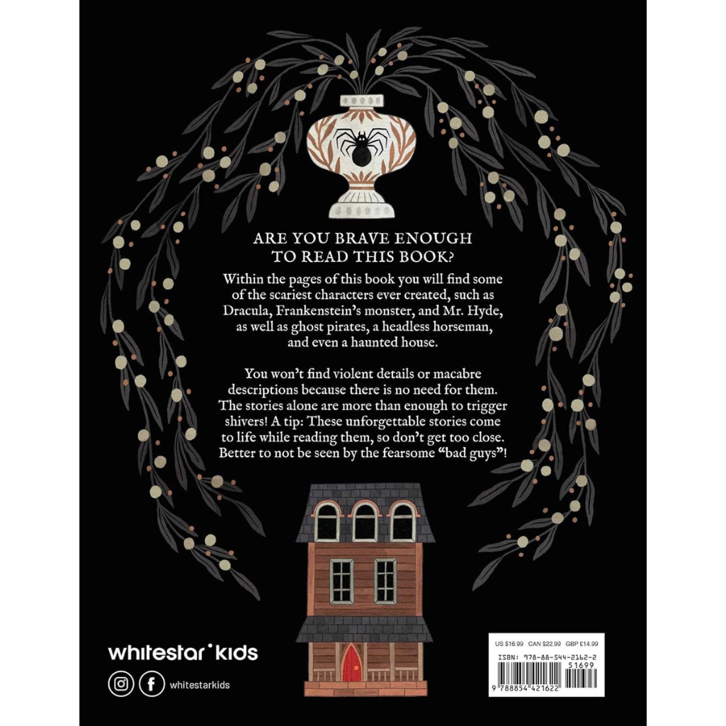 Book back cover with text and illustrations of a jar, house, and spider.