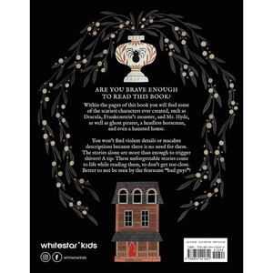 Book back cover with text and illustrations of a jar, house, and spider.