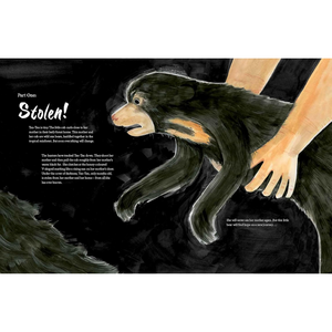 Illustration of a bear being held by a person with text on a black background