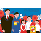 Illustration of a family with children against a floral background