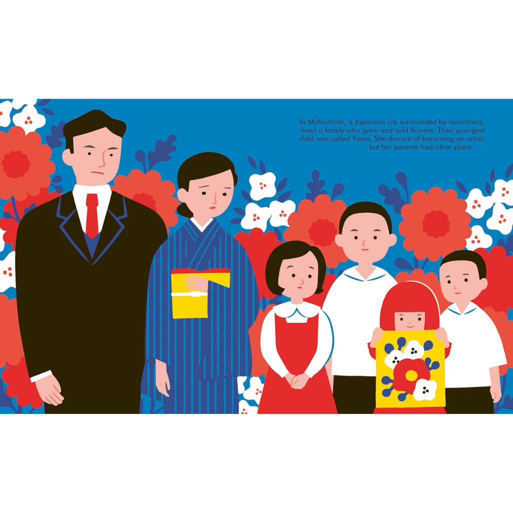 Illustration of a family with children against a floral background