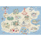 Illustrated map with various landmarks and scenic elements on a blue background