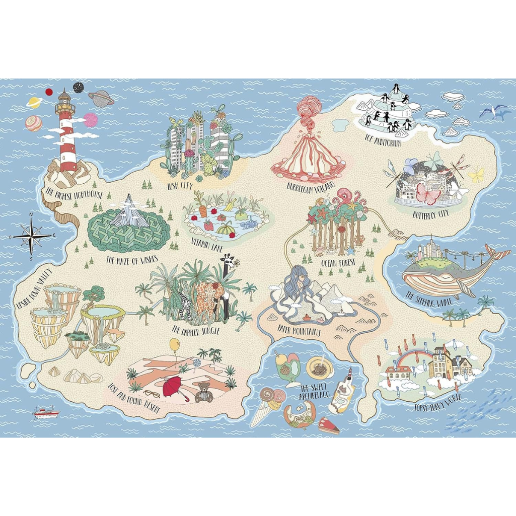 Illustrated map with various landmarks and scenic elements on a blue background