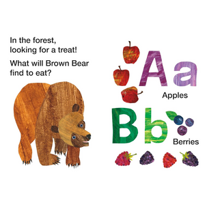 Illustration of a brown bear in a forest with letters and fruits on a white background