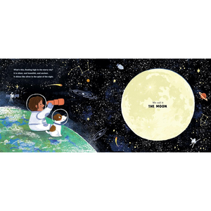 Illustration of an astronaut and dog on Earth with the moon in the background