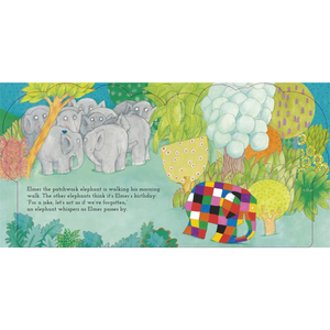 Children's book page with colorful patchwork elephant and elephants in a forest