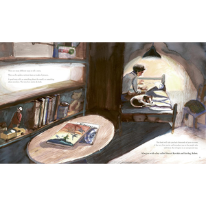 Illustration of a child reading a book in a cozy room with shelves and a table.