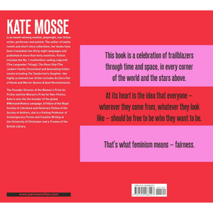 Book back cover with text about Kate Mosse and a quote on feminism on a red background