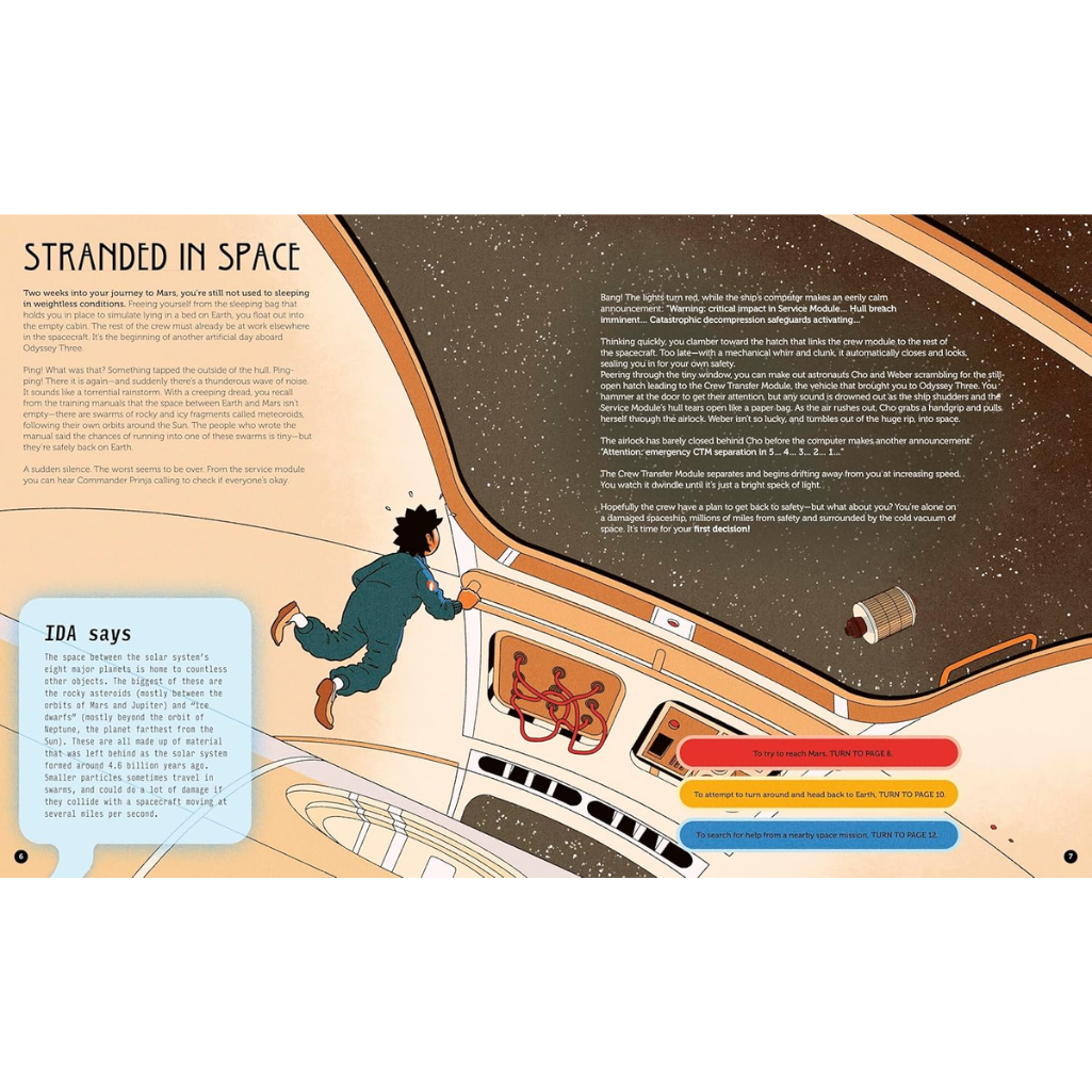 Illustration of a person in a space suit on a spaceship with text and graphics about being stranded in space.