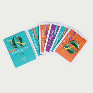 Set of colorful card games with 'Quickictionary' branding on a light gray background