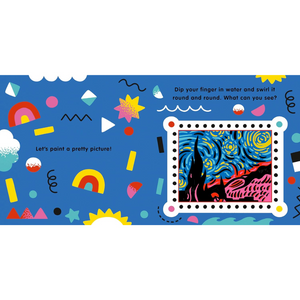 Colorful abstract design with geometric shapes and a framed picture on a blue background.