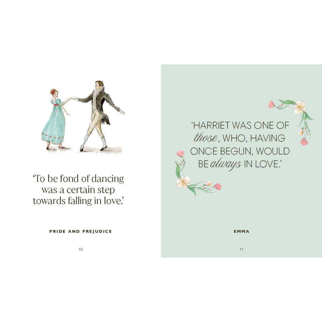 Page from a book with illustrations of a couple dancing and text quotes from 'Pride and Prejudice' by Jane Austen.
