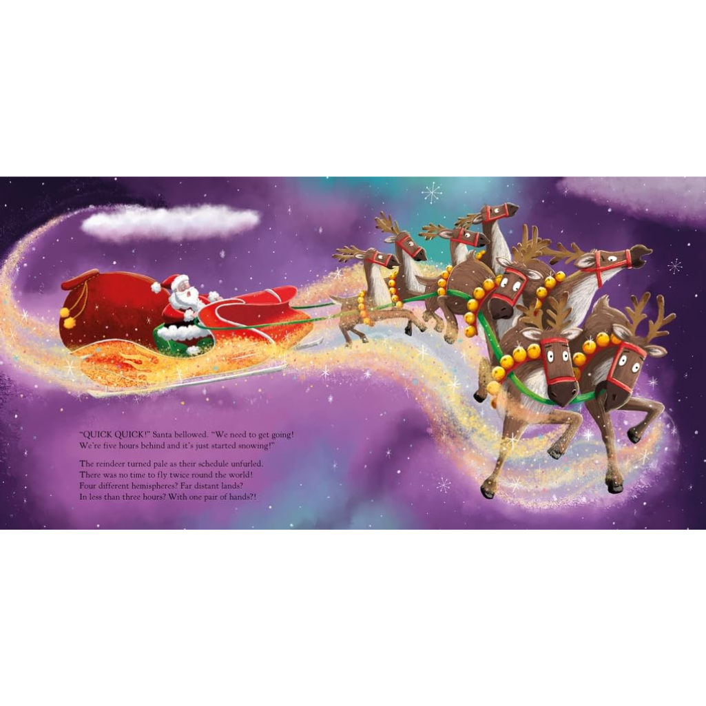 Illustration of Santa Claus in a sleigh pulled by reindeer against a starry night sky.