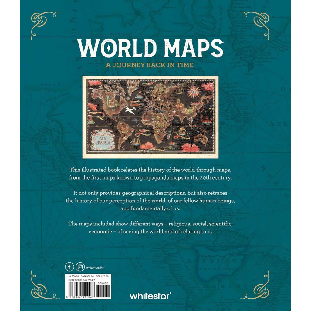 Book cover of 'World Maps: A Journey Back in Time' with world map illustration and text on a blue background.