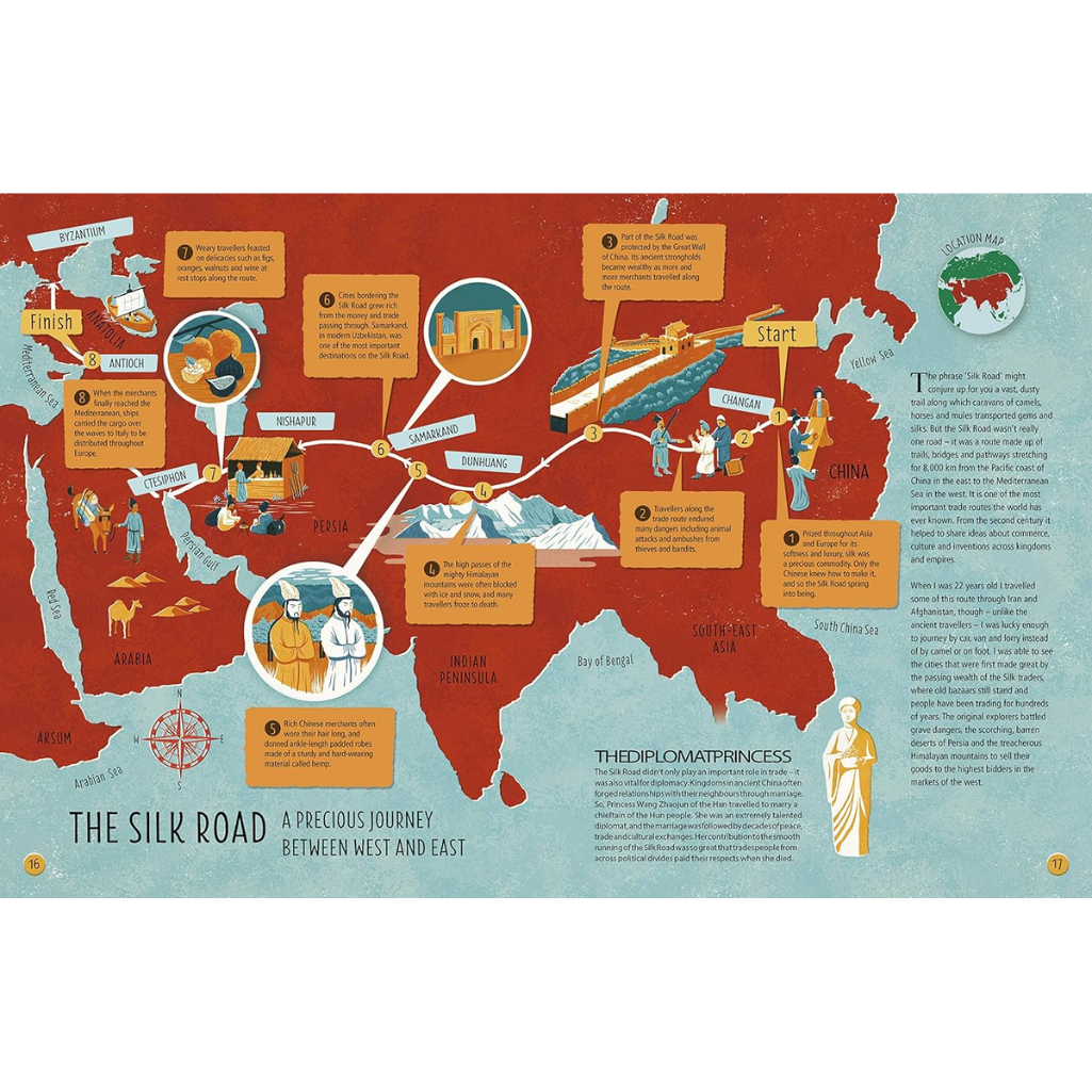 Map of the Silk Road with illustrations and text on a red and blue background