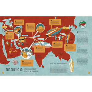 Map of the Silk Road with illustrations and text on a red and blue background