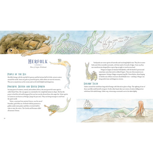 Illustrated page from a book about merfolk with text and illustrations of mermaids and sea creatures.