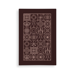 Brown book with geometric patterns on a white background