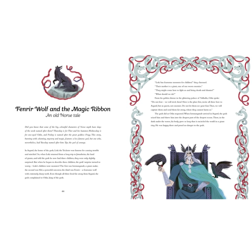 Illustrated book page with a wolf and a character in a decorative frame, featuring text about 'Fenrir Wolf and the Magic Ribbon'.