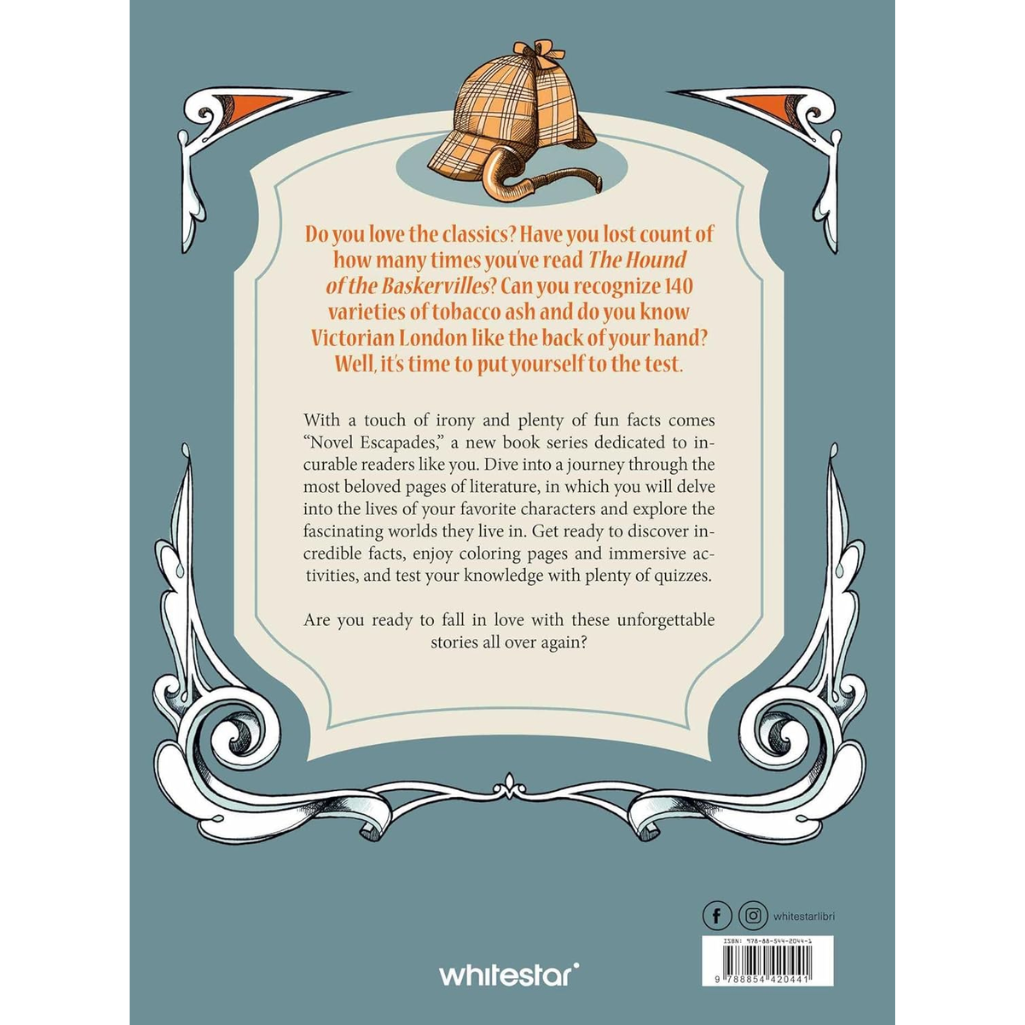 Book back cover with decorative elements and text, featuring a Sherlock Holmes-themed design.