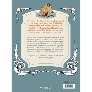 Book back cover with decorative elements and text, featuring a Sherlock Holmes-themed design.