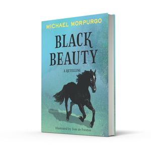 Book cover of 'Black Beauty' by Michael Morpurgo with a horse illustration on a blue background.