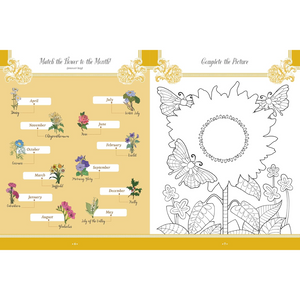 Educational page with matching flowers to months and a coloring activity on a yellow background.