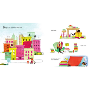 Illustrated book page with colorful cityscape and people reading books.