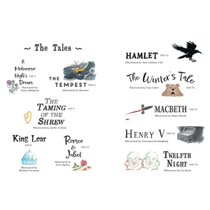 Illustrated book covers of Shakespearean plays with titles and brief descriptions.