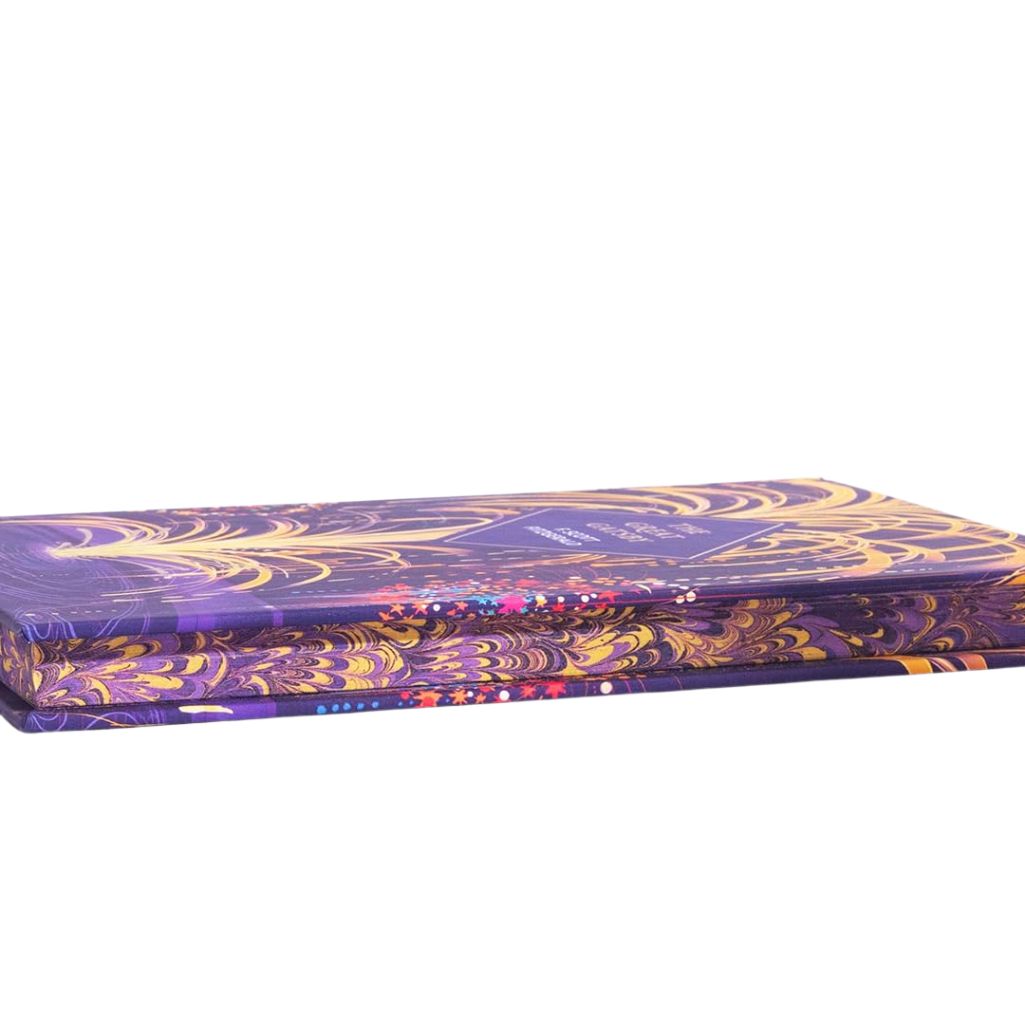 Decorative box with purple and yellow pattern on a white background